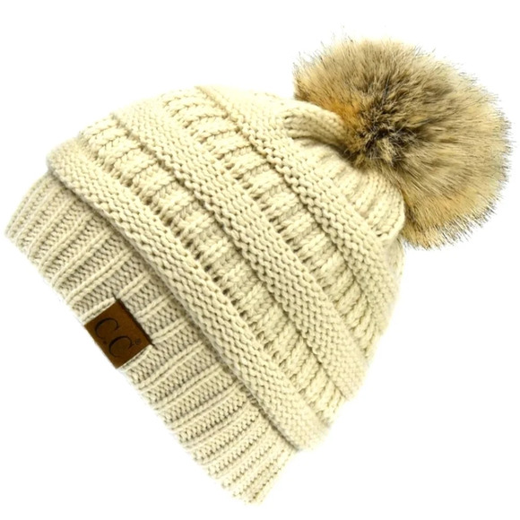 C.C Accessories - C.C Fuzzy Sherpa Fleece Lined Warm Soft Stretch Cable Knit Ribbed Beanie Beige